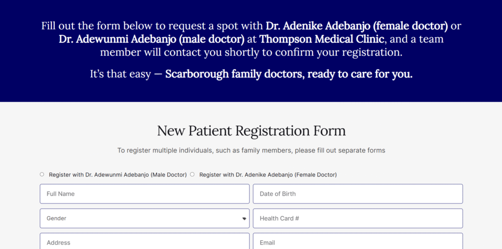 Screenshot of ScarboroughMDs patient registration form, a platform helping people learn how to find a family doctor in Scarborough, Ontario