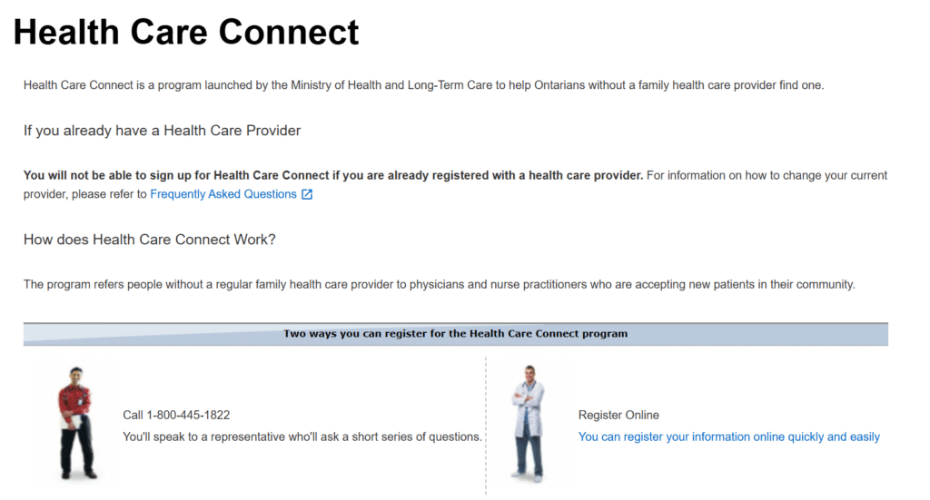 Screenshot of the Ontario Government's Healthcare Connect program website, created to help Ontarians get a family doctor